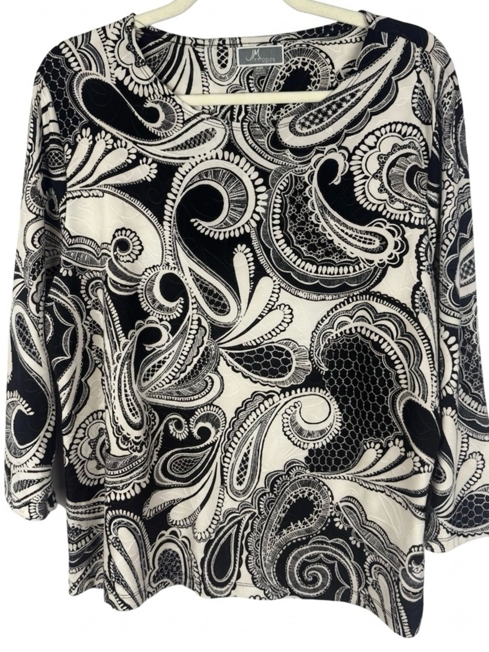 JM Collection Petite Paisley 3/4 Sleeve Top Black White P/XL Quilted Texture
